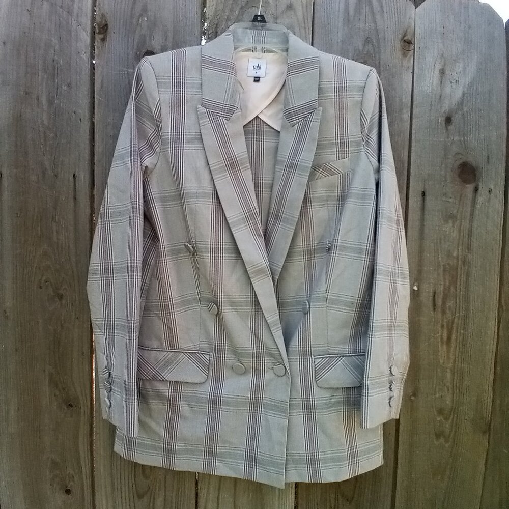 CAbi BLAZSER WOMENS SZ 8 PLAID GRAY DOUBLE BREASTED SLEUTH LONGLINE LONG SLEEVES